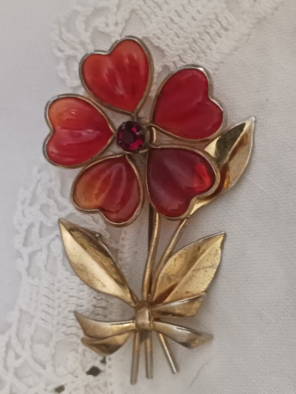 Gripoix Glass Vintage Flower Brooch Poured Glass Petals Ruby Jewel Accent